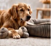 Dog resting next to pet products