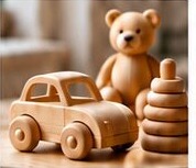 Wooden toy car and teddy bear