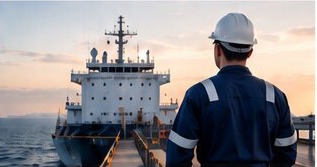Maritime worker looking toward a vessel
