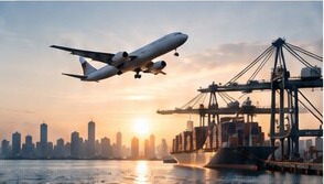 Aircraft flying over a port skyline at sunset
