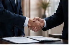 Two executives shaking hands over a signed agreement