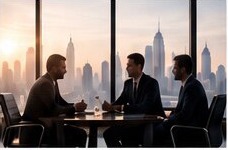 Executives meeting in a boardroom overlooking a city skyline